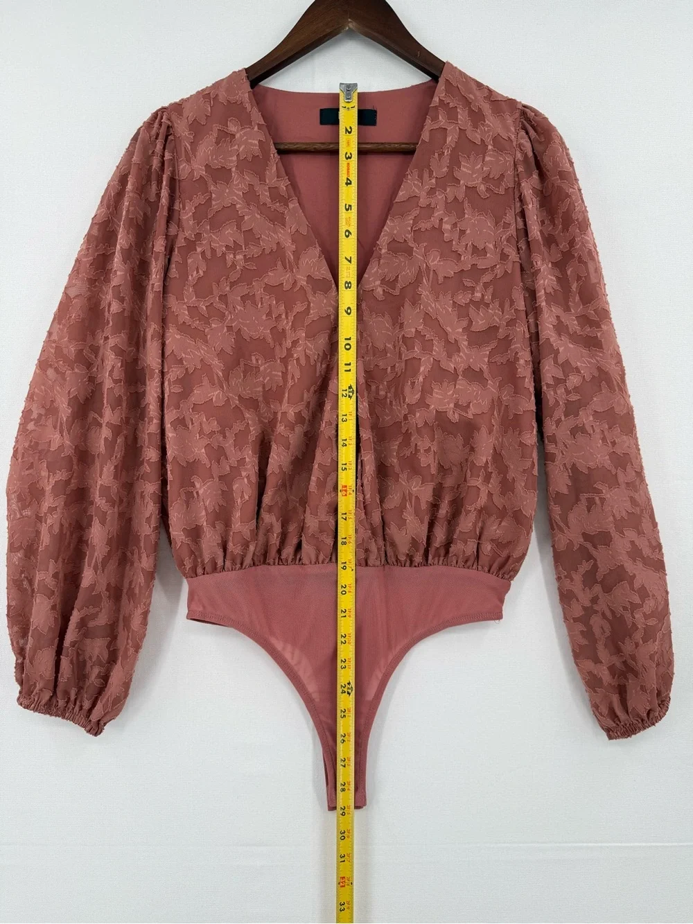 Lulu's Floral Lace Sheer Bodysuit Dusty Rose Pink Long Sleeve Puff Size S